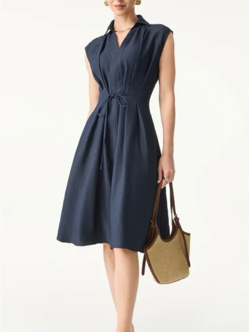 OGL Navy Collared Tie-Waist Midi Dress